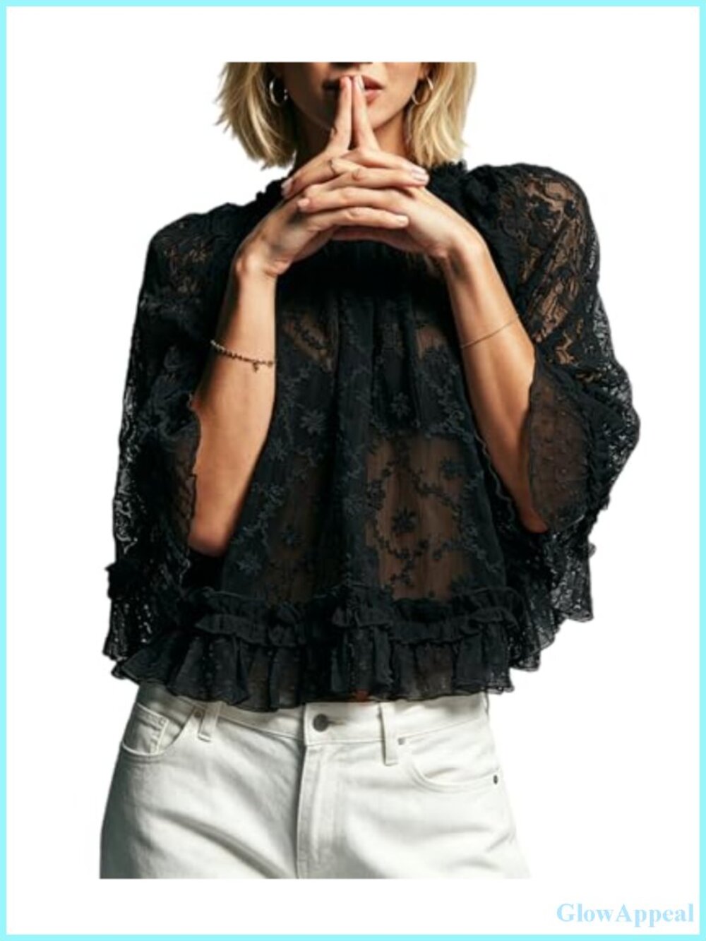 Sheer Lace Cape Poncho Top Flowy Ruffle Trim Batwing Blouse Cover Up